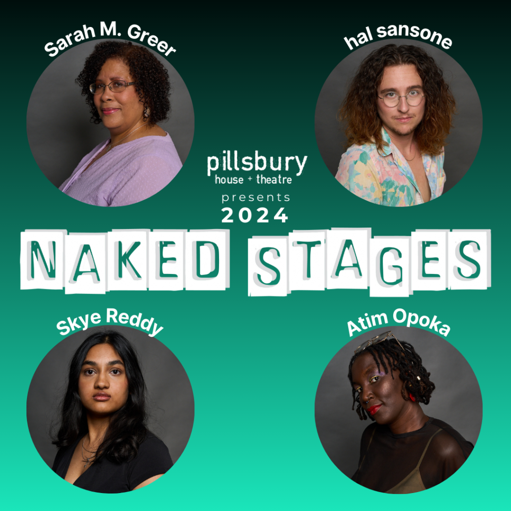 photos of 4 artists in circles on teal green background with naked stages text logo in white